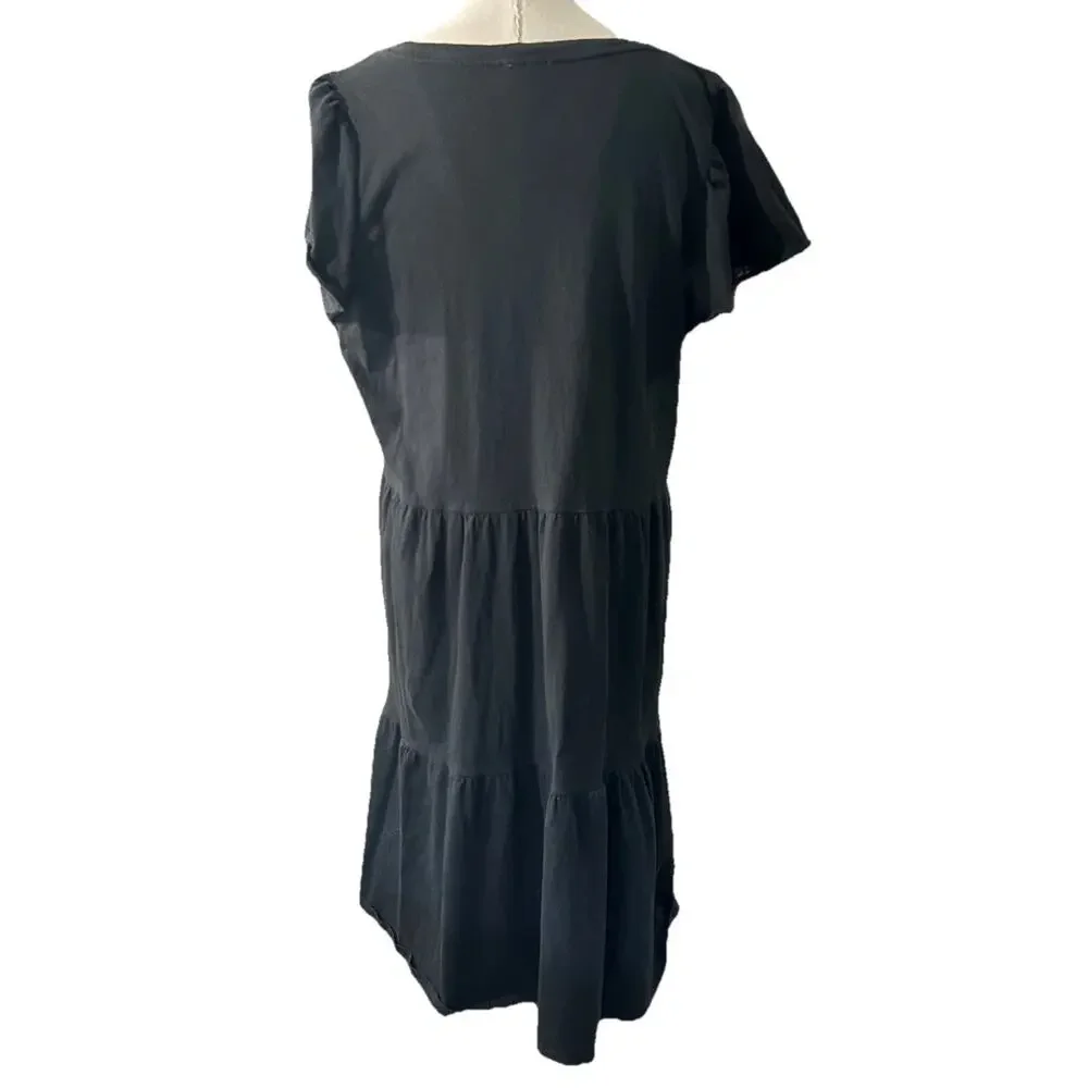 J.Crew Black Tiered Mini Dress M V Neck Flutter Sleeve Summer Sun Dress